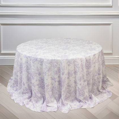 Polyester Round Tablecloth 132" White with Lavender Lilac French Toile Pattern - Sophisticated Table Cover for Chic Weddings & Events