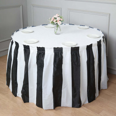 Plastic Table Skirt 14ft White/Black Stripe - Spill Proof Disposable Skirt 10 Mil