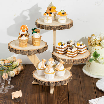 Enhance Your Dessert Presentation with the 4-Tier Natural Farmhouse Style Wood Slice Cupcake Stand