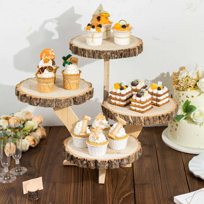 Decorative dessert stand with various cupcakes and treats arranged on wooden trays.