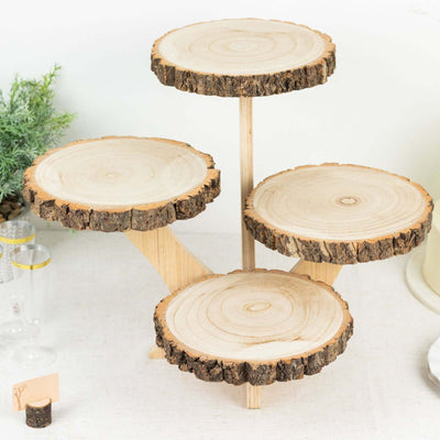 Wooden tiered display stand with natural bark edges and circular wooden shelves.