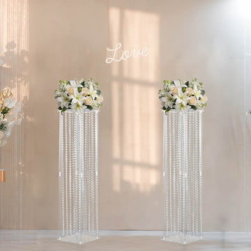 Heavy Duty Acrylic Flower Pedestal Vase with Hanging Crystal Beads, Clear Pillar Stand Wedding Floor Centerpieces With Pre-chained Garlands 5mm Thick Plates 48"
