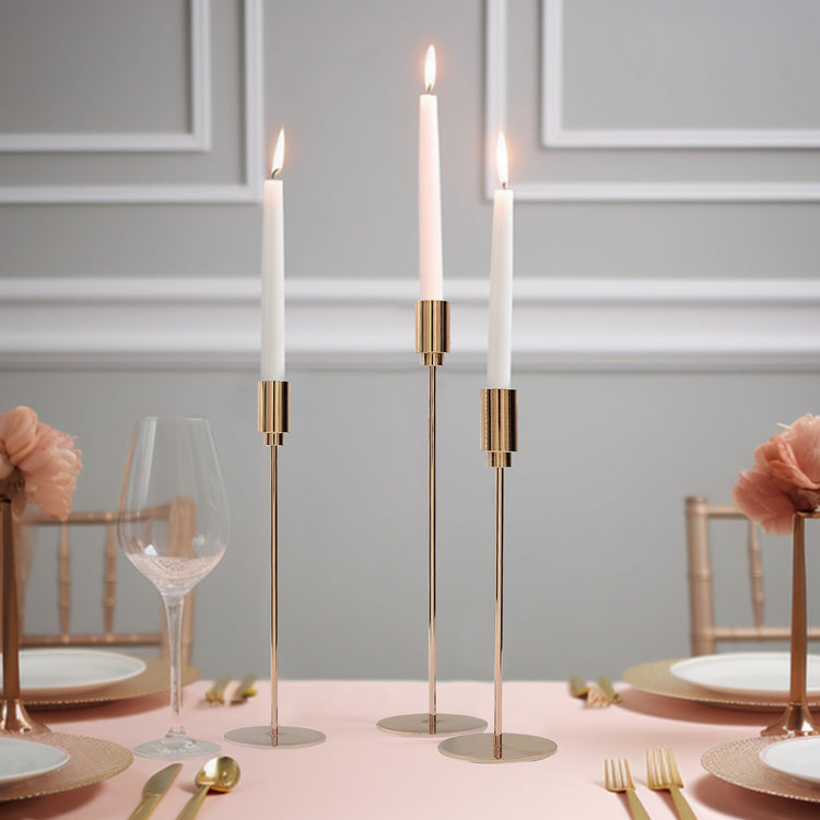 Set of 3 | Gold Metal Taper Candle Stands With Round Solid Base