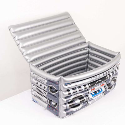 Inflatable storage box with a futuristic design, open lid.