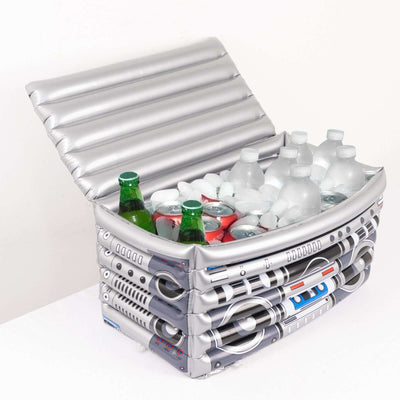 Inflatable cooler shaped like a boombox with drinks and ice inside.