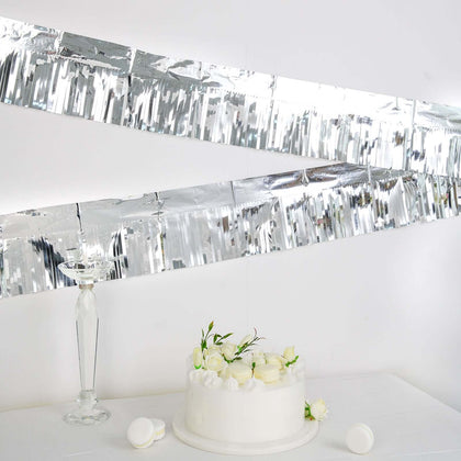 Metallic Silver Foil Tassel Fringe Backdrop Banner, Tinsel Garland Decor 16ft
