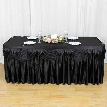 Black Pleated Satin Double Drape Table Skirt 17ft
