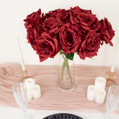 2 Pack Burgundy Premium Silk Jumbo Rose Flower Bushes, Artificial Wedding Floral Arrangements, 17"