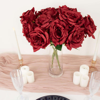 2 Pack Burgundy Premium Silk Jumbo Rose Flower Bushes, Artificial Wedding Floral Arrangements, 17"
