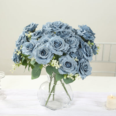 2 Pack Dusty Blue Artificial Silk Rose Bouquets, Real Touch Floral Arrangements, 18"