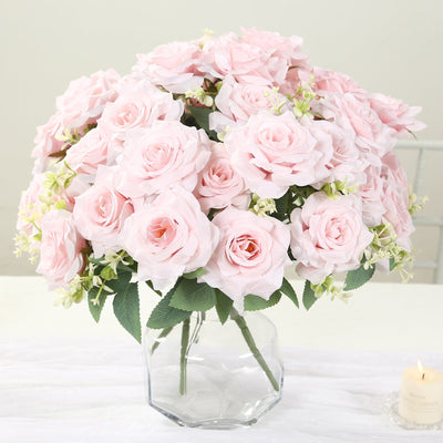 2 Pack Blush Artificial Silk Rose Bouquets, Real Touch Floral Arrangements, 18"