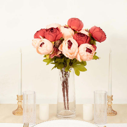 2 Pack Burgundy / Dusty Rose Artificial Peony Flower Wedding Bouquets, Faux Silk Flower Arrangements 19"