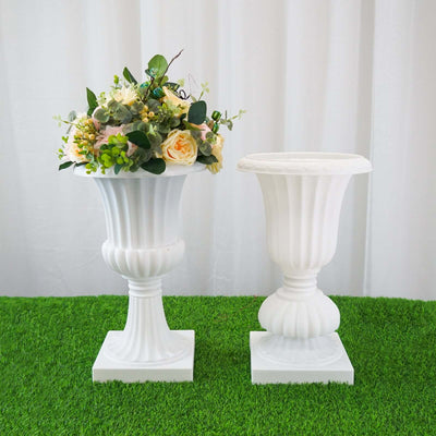2 Pack White Plastic Roman Column Urn Planters, 20" Tall Floral Pedestal Vases, Detachable 3-Piece Convertible Design