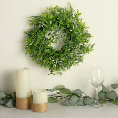 2 Pack Green Artificial Fern Leaf Mix Pillar Candle Ring Wreaths 4"