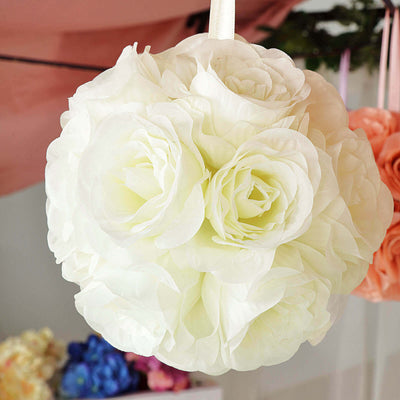 2 Pack Cream Artificial Silk Rose Kissing Ball, Faux Flower Ball 7"