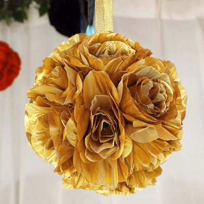 2 Pack Gold Artificial Silk Rose Kissing Ball, Faux Flower Ball 7"