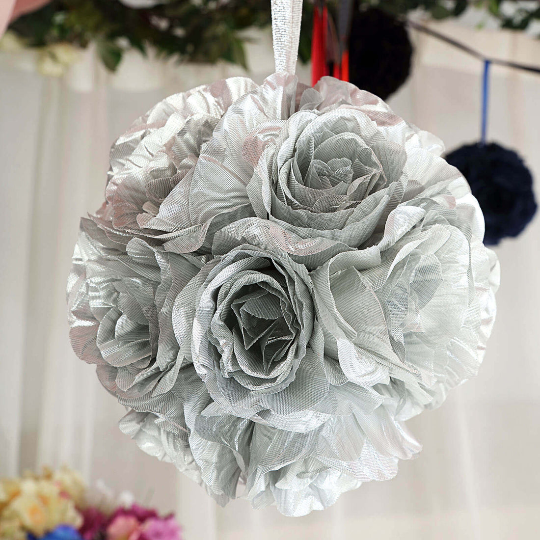 Silver floral ball decoration with ribbon hanger