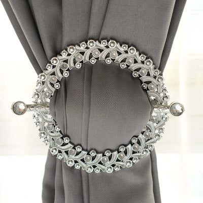 2 Pack Silver Barrette Style Acrylic Crystal Curtain Tie Backs, Round Backdrop Drapery Brooch Holdbacks 7"