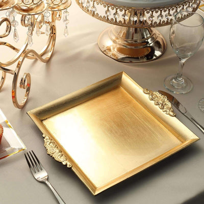 2-Pack Acrylic Serving Trays 10" Square Metallic Gold with Embossed Handles - Decorative Dinner Party Food Platters
