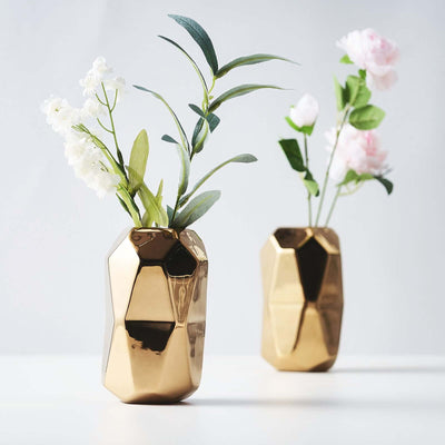 2-Pack Ceramic Cylinder Vases Geometric 6" Metallic Gold - Modern Design for Chic Table Centerpieces