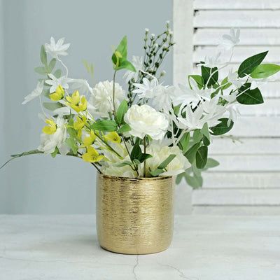 2-Pack Ceramic Flower Plant Pots 5" Round Textured Design Metallic Gold - Cylindrical Indoor Planters