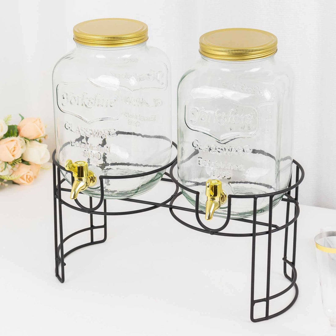 2 Pack Clear Dual Gallon Glass Jars Dispenser With Rose Gold Metal Lids, Juice Beverage Stand With Spigot Included main image 1