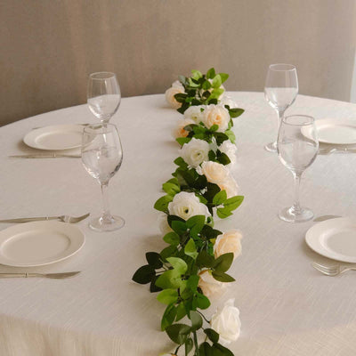 2 Pack Cream Ivory Artificial Silk Mini Rose Vines Hanging Flower Garland with 26 Flower Heads - 7ft