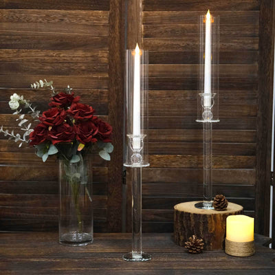 2-Pack Crystal Glass Hurricane Taper Candle Holders 22", Clear Cylinder Chimney Tubes - Tall Decorative Candle Stands