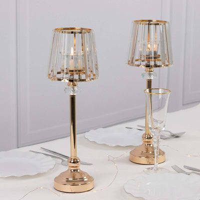 2-Pack Crystal Pendant Candle Holders 15" Classic Empire Lamp Shade Style in Gold, Votive Candle Stand For Table Centerpieces