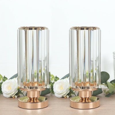 2 Pack Crystal Pendant Hurricane Candle Holders in Gold, Elegant Cylinder Design for Pillar Candles, Short-Stemmed, Decorative Table Centerpieces -11"