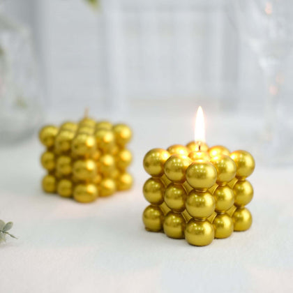 2-Pack Decorative Paraffin Wax Candles 2" Bubble Cube Design Metallic Gold - Unscented Long Burning Pillar Candle Set