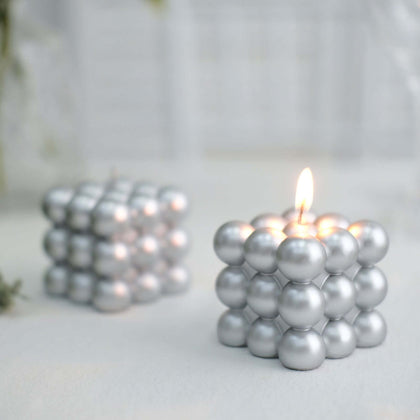 2-Pack Decorative Paraffin Wax Candles 2" Bubble Cube Design Metallic Silver - Unscented Long Burning Pillar Candle Set
