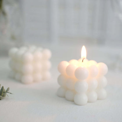 2-Pack Decorative Paraffin Wax Candles 2" Bubble Cube Design White - Unscented Long Burning Pillar Candle Set