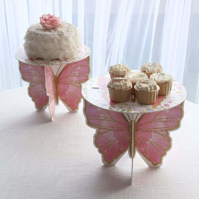 2-Pack Foam Board Cake Stands 12" White/Pink Glitter Butterfly with Floral Print - Reusable Cupcake Dessert Holder Display Stands