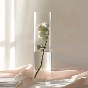 Elegant glass vase with a rose and water, softly lit.