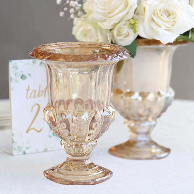 2-Pack Glass Flower Vases Mini Pedestal 8" in Classic Roman Urn Style Amber Gold - Stylish Table Centerpieces