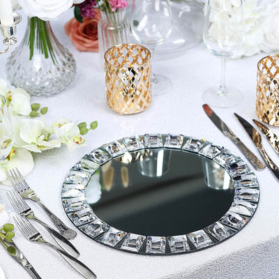 2-Pack Glass Mirror Charger Plates 13" Round Silver with Jeweled Rim - Premium Decorative Dinner Party Charger Tableware