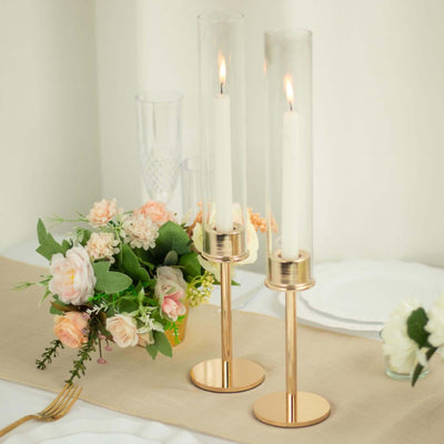2-Pack Gold Metal Taper Candlestick Holders 16" - Clear Glass Hurricane Candle Stands With Chimney Candle Shades