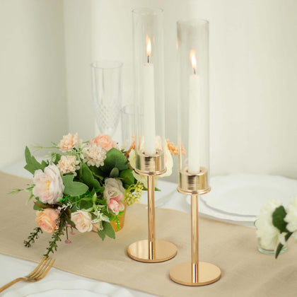 2-Pack Gold Metal Taper Candlestick Holders 16" - Clear Glass Hurricane Candle Stands With Chimney Candle Shades