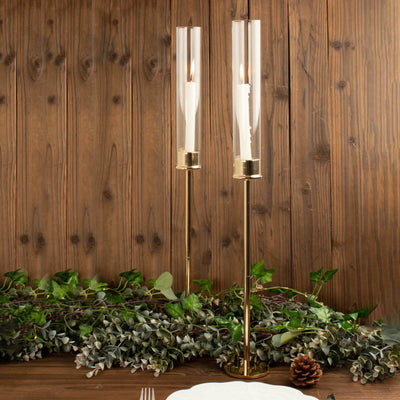 2-Pack Gold Metal Taper Candlestick Holders 24" - Clear Glass Hurricane Candle Stands With Chimney Candle Shades