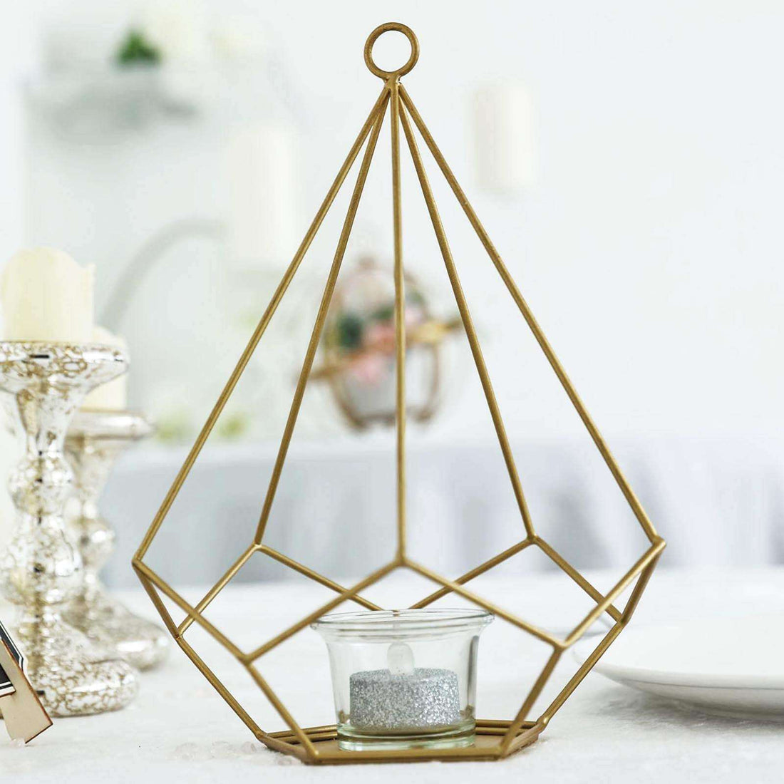 Gold geometric candle holder with glass tealight holder