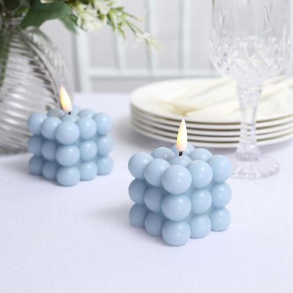 2-Pack LED Bubble Candles Dusty Blue 2" - Flameless Warm White Flickering Battery Operated Cube Lighting