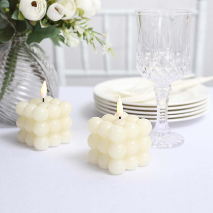 2-Pack LED Bubble Candles Ivory 2" - Flameless Warm White Flickering Battery Operated Cube Lighting