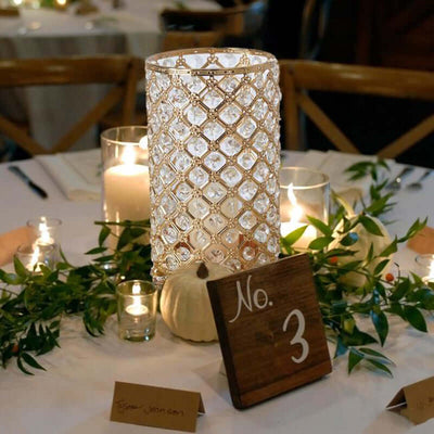 2-Pack Metal Crystal Beaded Pillar Candle Holders 9" Gold - Multipurpose Crystal Stem Vase Set