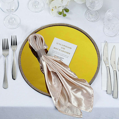 2-Pack Mirror Glass Charger Plates 13", Round Metallic Gold Mirror Rhinestone Rim - Dazzling Decorative Chargers