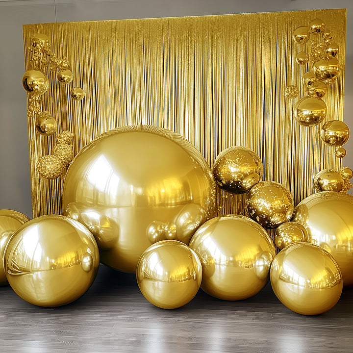 Gold decorative balloons arranged against a shimmering backdrop.