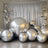 Silver decorative balloons in varying sizes against a shimmering backdrop.