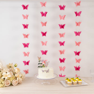 2 Pack Pink 3D Paper Butterfly String Banners, Hanging Garland Party Streamers 9ft