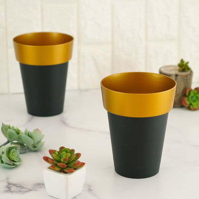 2-Pack Plastic Flower Plant Pots 6" Medium Black with Gold Rim - Indoor Decorative Planters