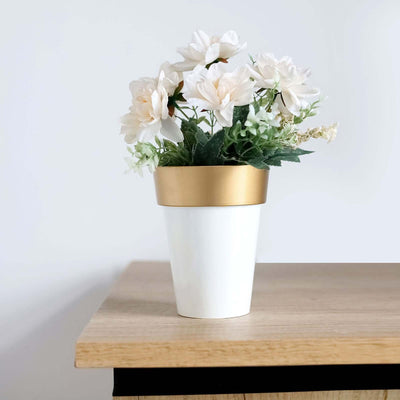 2-Pack Plastic Flower Plant Pots 6" Medium White with Gold Rim - Indoor Decorative Planters
